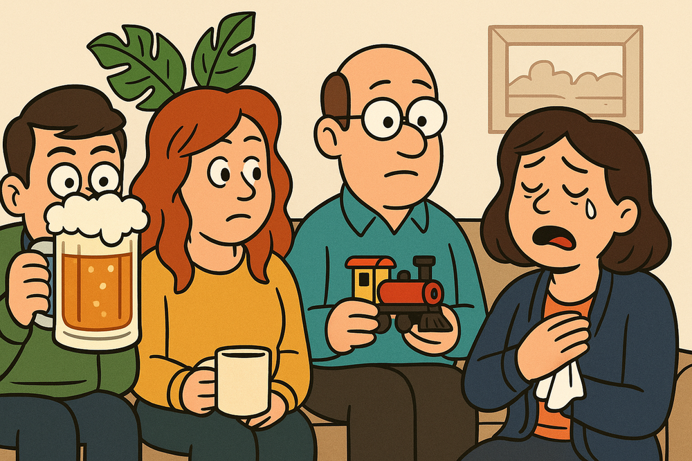 Three friends hold a beer, a cup, and a train, and look with concern at a crying woman.