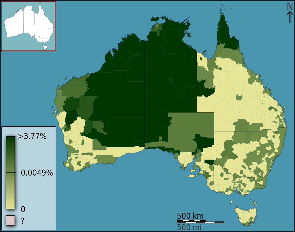 People who speak Australian Aboriginal languages as a percentage of the population in Australia, divided geographically by statistical local area at the 2011 census
