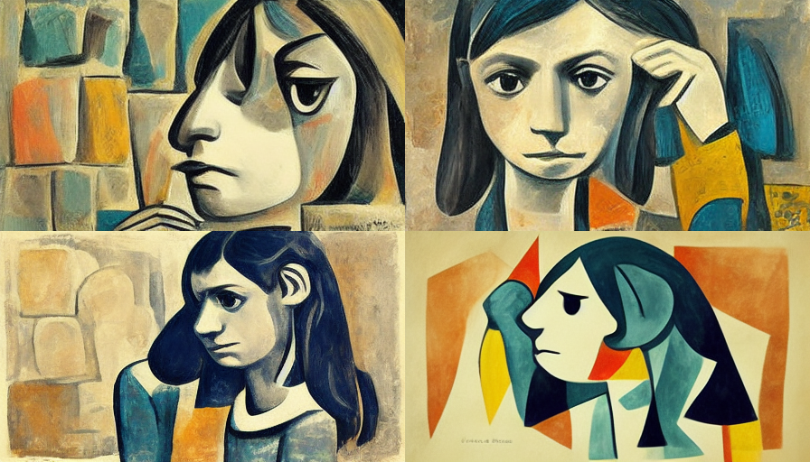 Four different paintings of a girl in the style of Picasso.