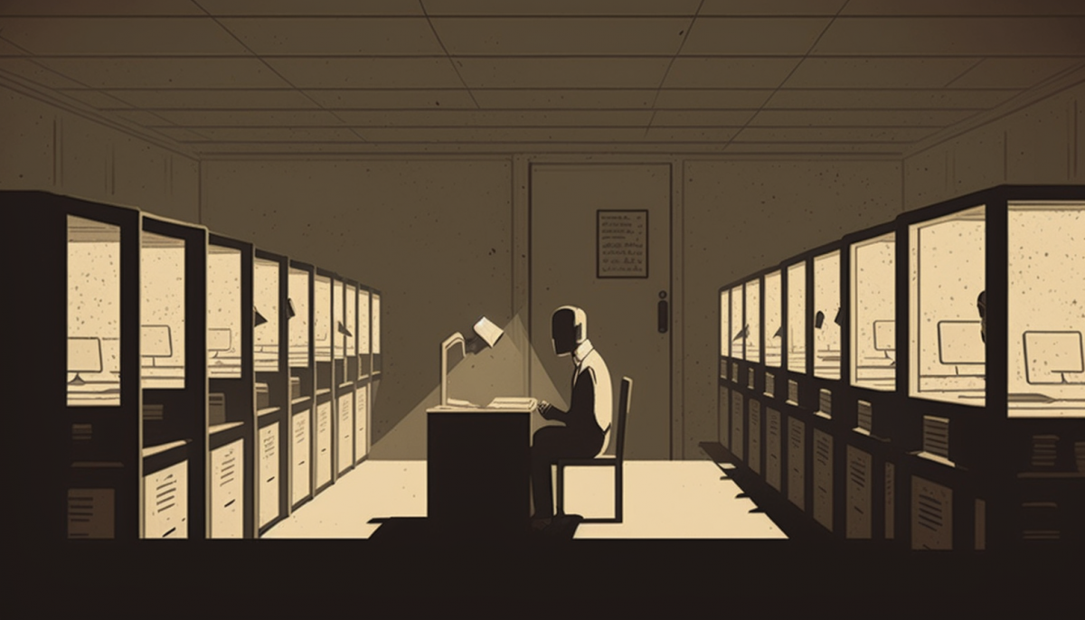 Sepia and black and white illustration of a man sitting alone in a room on a work desk with a table lamp. The room is filled with filing cabinets pushed against the walls.