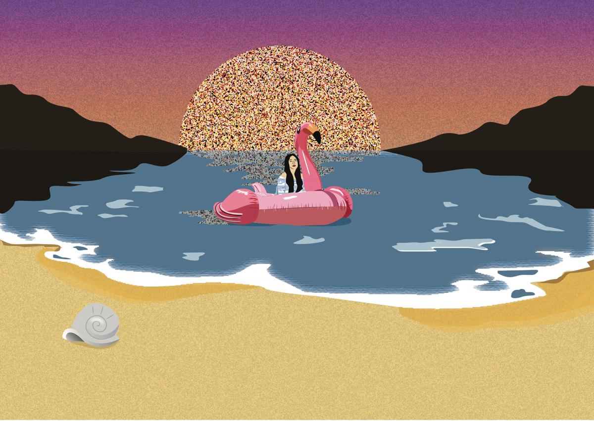 Illustration of a girl sitting on a pink floating flamingo in the water at the beach with the sun behind her