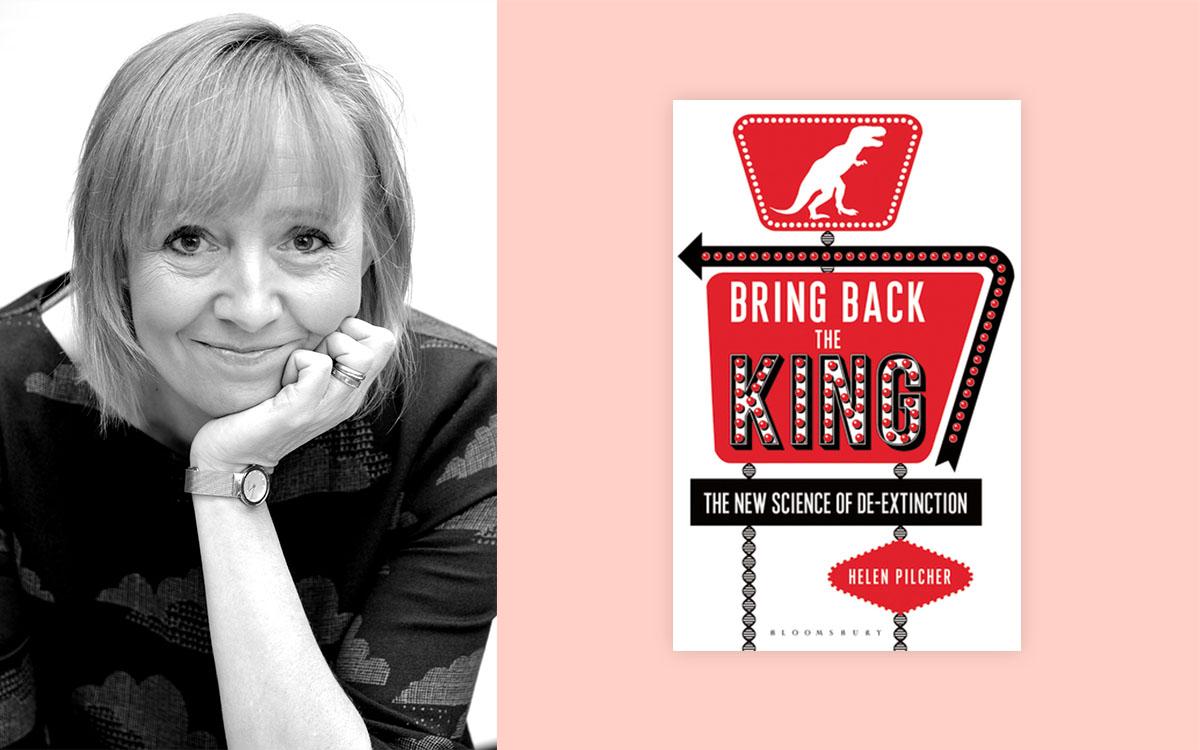Headshot of Helen Pilcher and the cover of her book 'Bring Back the King: the Science of De-extinction'.