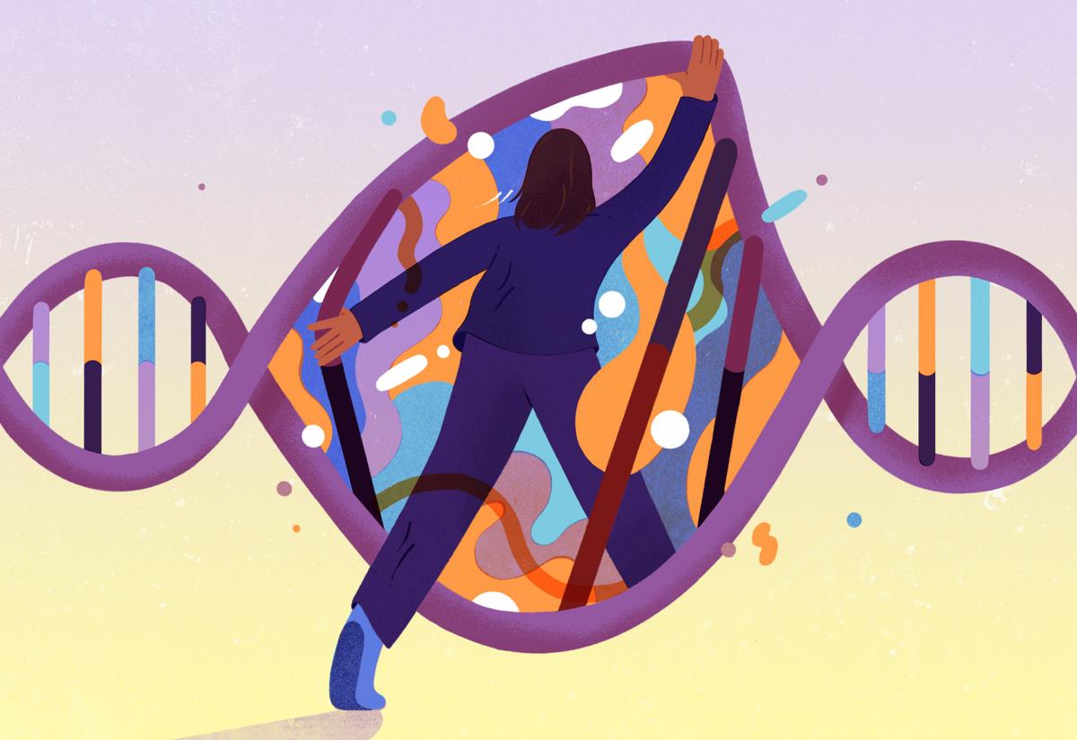 Illustration of a woman stretching open a giant DNA strand as though and entering it is a portal.
