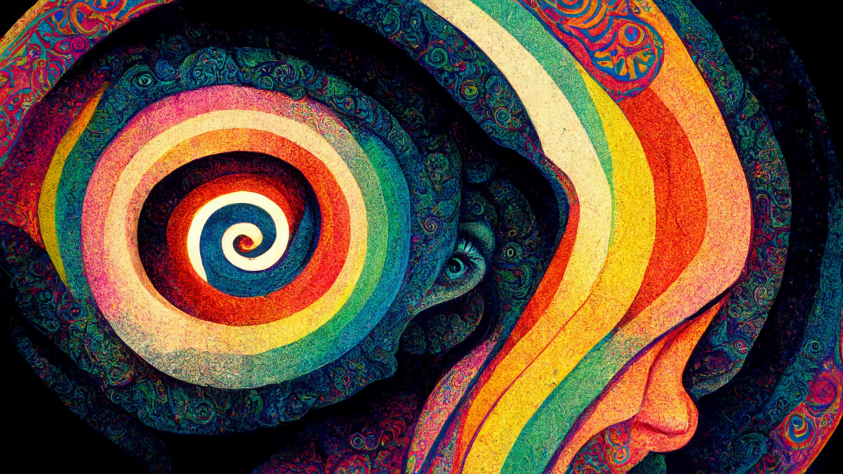 A colorful illustration of a person's head designed with spirals and mandala.