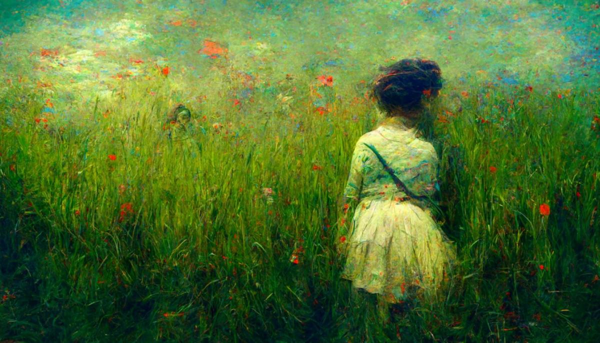 Painting of a girl standing among tall grass in the style of Monet .