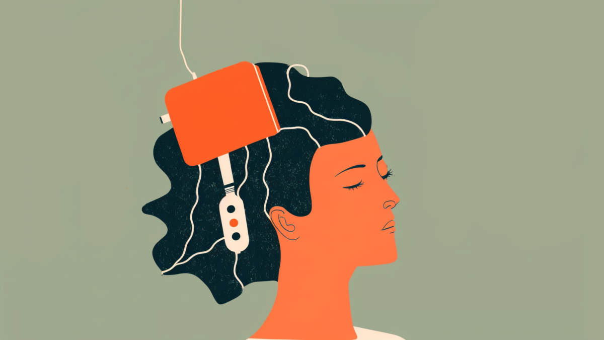 An illustration of a woman undergoing Transcranial Magnetic Stimulation Therapy with the TMS device on her head.