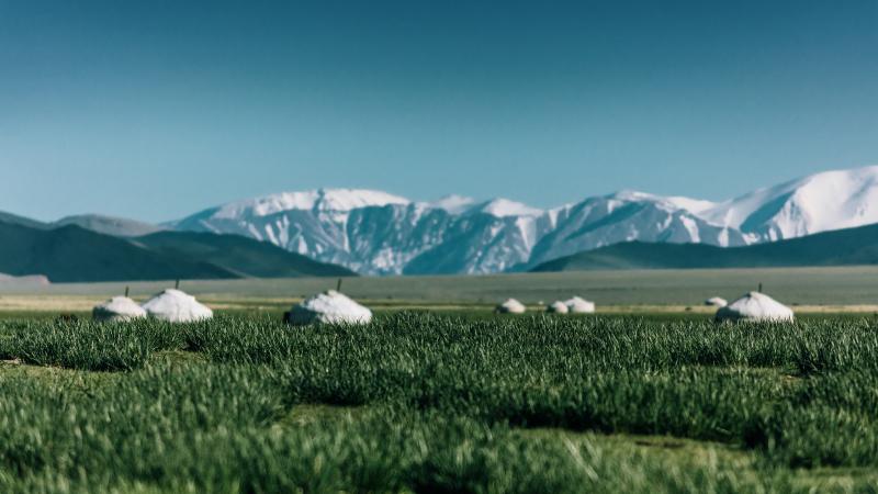 A typical Kazakh settlement consists of several yurts placed in the endless valley.