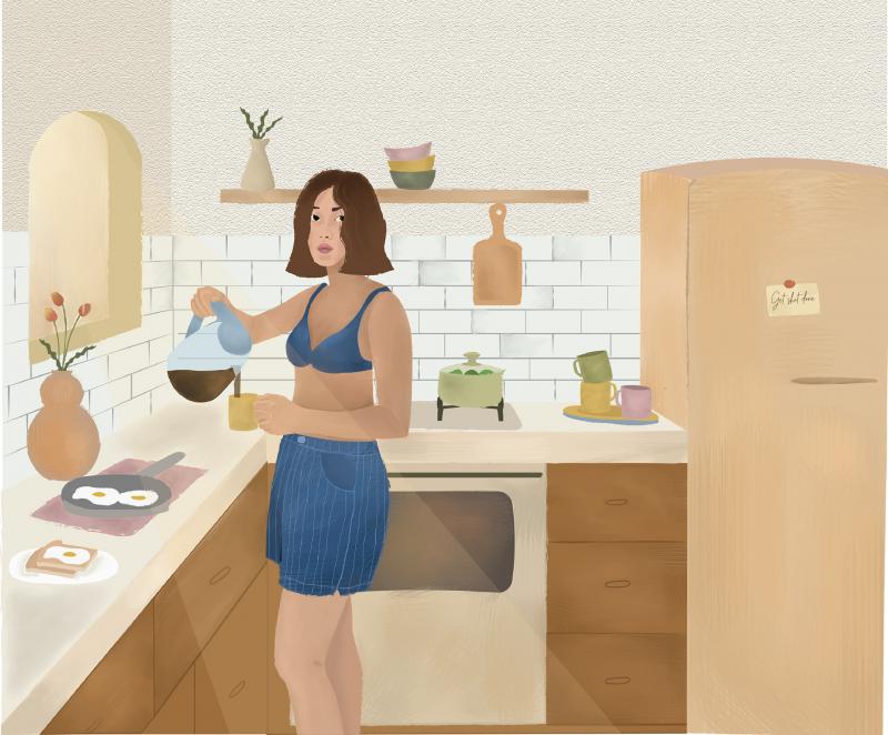 Illustration of a girl wearing shorts and a bra in kitchen pouring a cop of coffee.