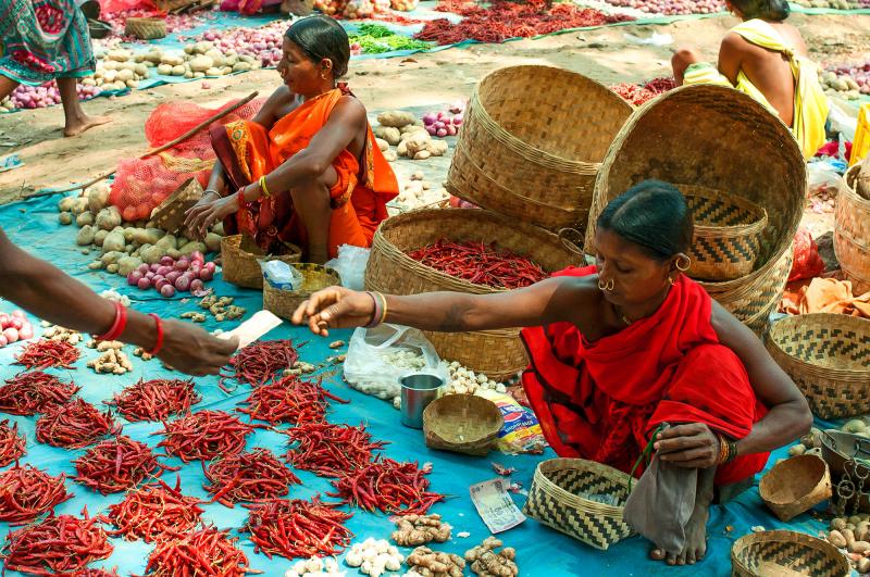 Women from Mali tribe sell chilies in marketplace