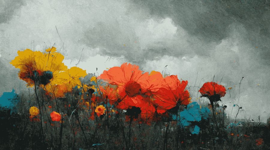 Brightly coloured flowers against a cloudy, grey sky.
