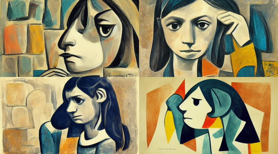 Four different paintings of a girl in the style of Picasso.