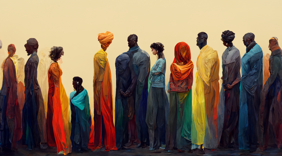 People of different ethnicities standing in one line.