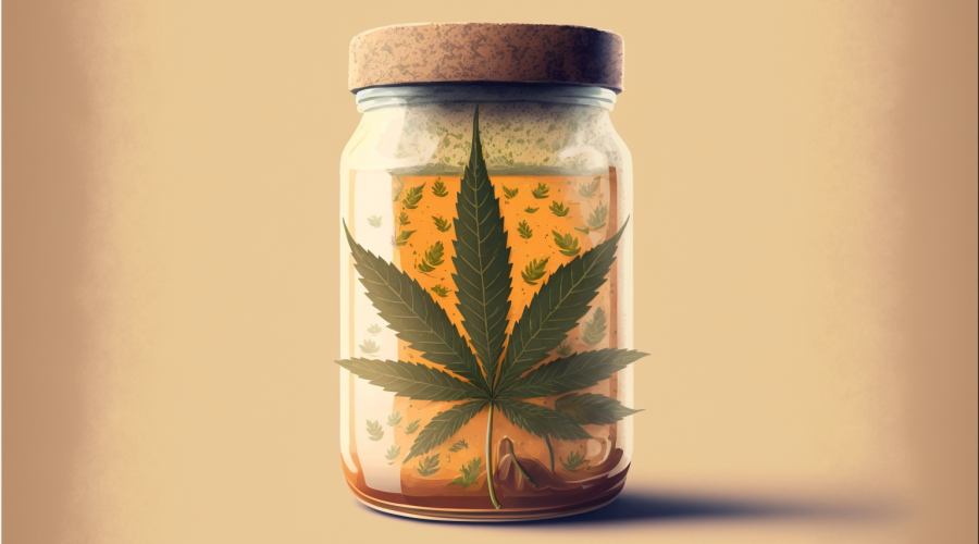 Illustration of a glass jar filled with yeast with a marijuana leaf at front like a sticker.
