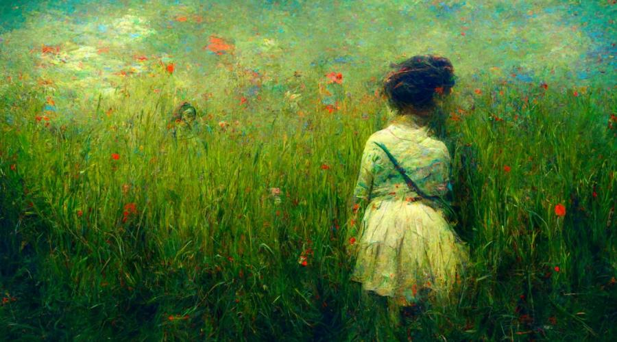 Painting of a girl standing among tall grass in the style of Monet .