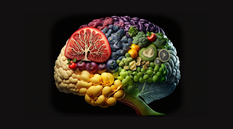 This is an AI generated image of a brain constituting various greens, veggies and fruits that are essential for humans. 