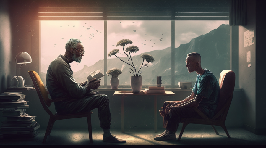 An AI generated image of an old man providing therapy to a young lad. The sit in front of each other beside a large window which holds a scenic mountain view. 