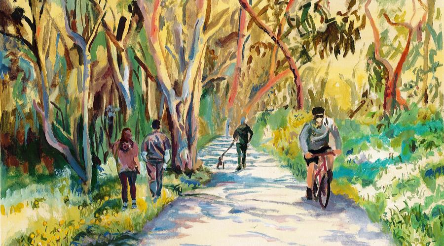 An painting of a walkway surrounded by trees and grass with people walking and cycling on it.