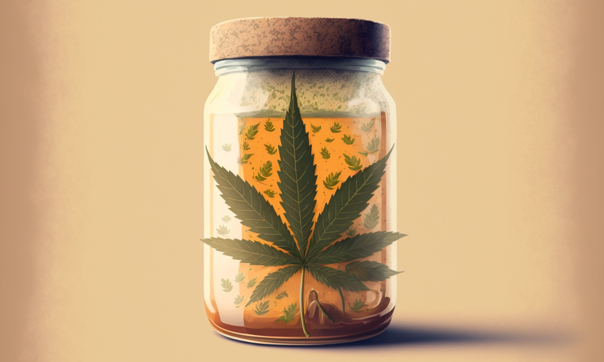 Illustration of a glass jar filled with yeast with a marijuana leaf at front like a sticker.
