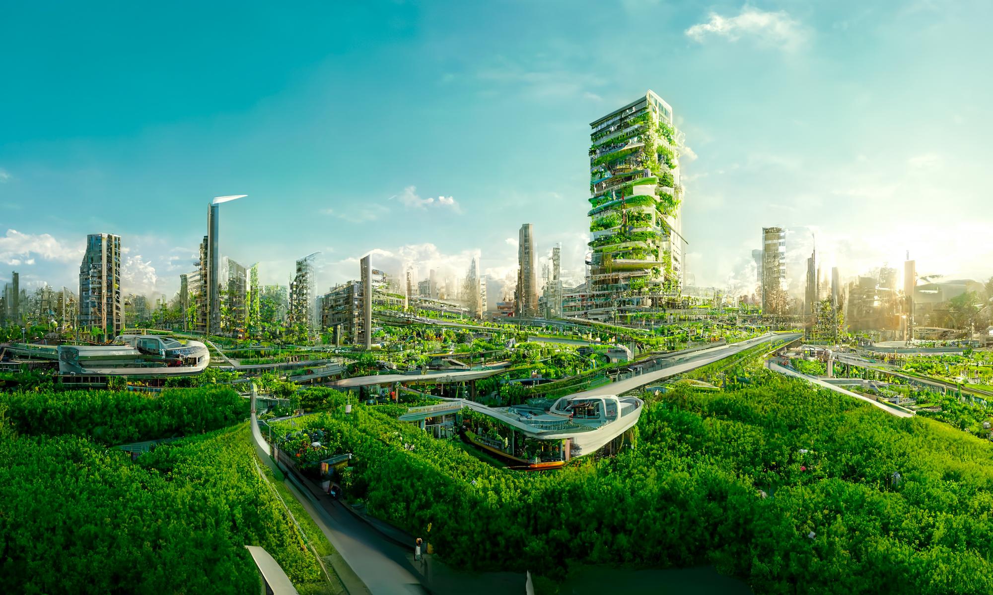 A futuristic city with skyscrapers and lush greenery on and around every building.