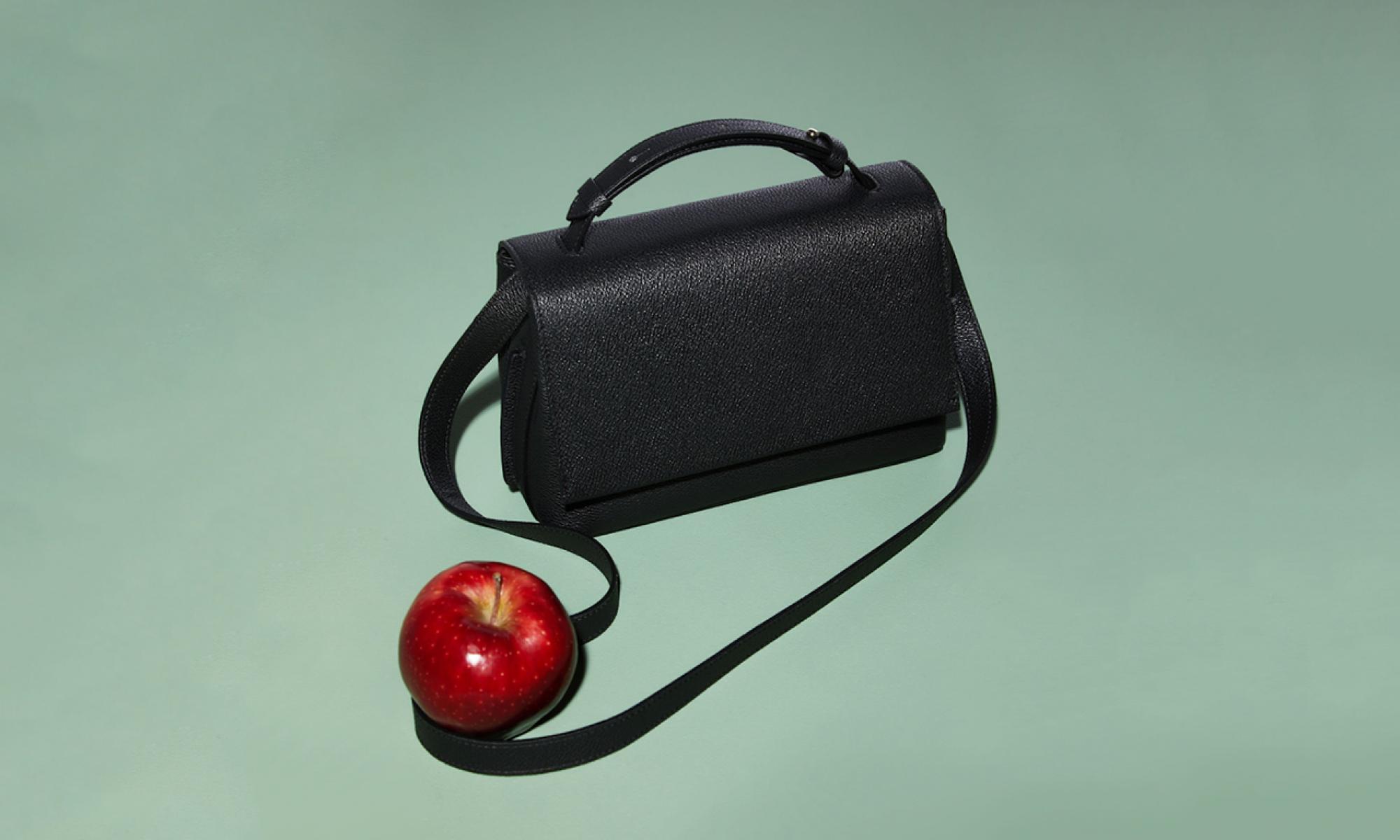 Black LUXTRA bag and an apple on mint green background