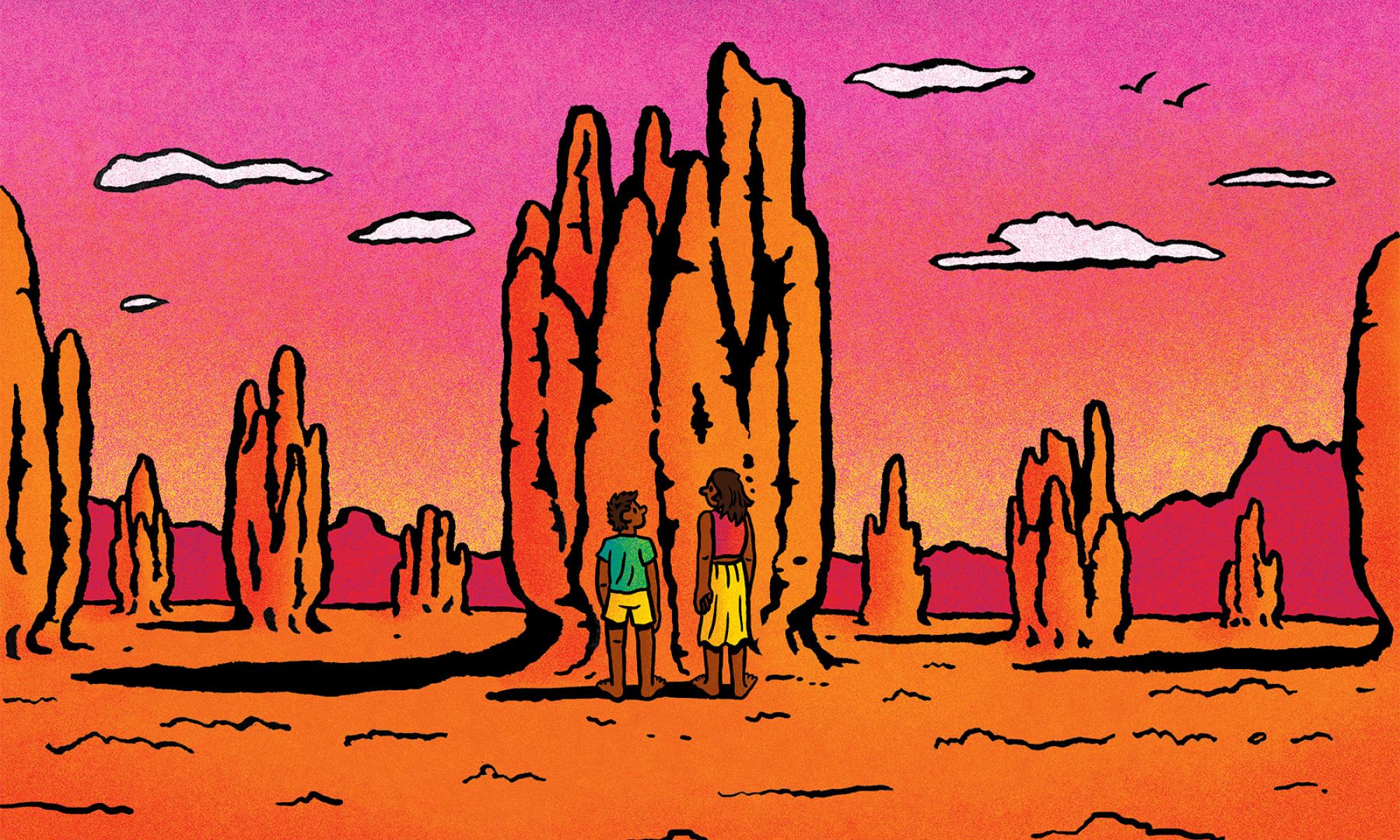 Illustration of two people conversing in front of a mound of earth in a desert environment. Illustrator: Ethan Carroll