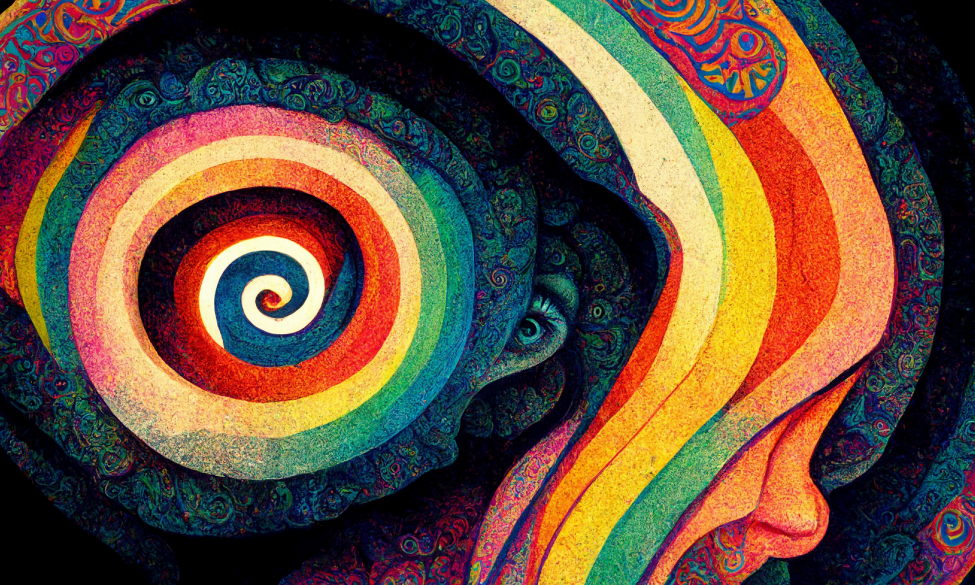 A colorful illustration of a person's head designed with spirals and mandala.
