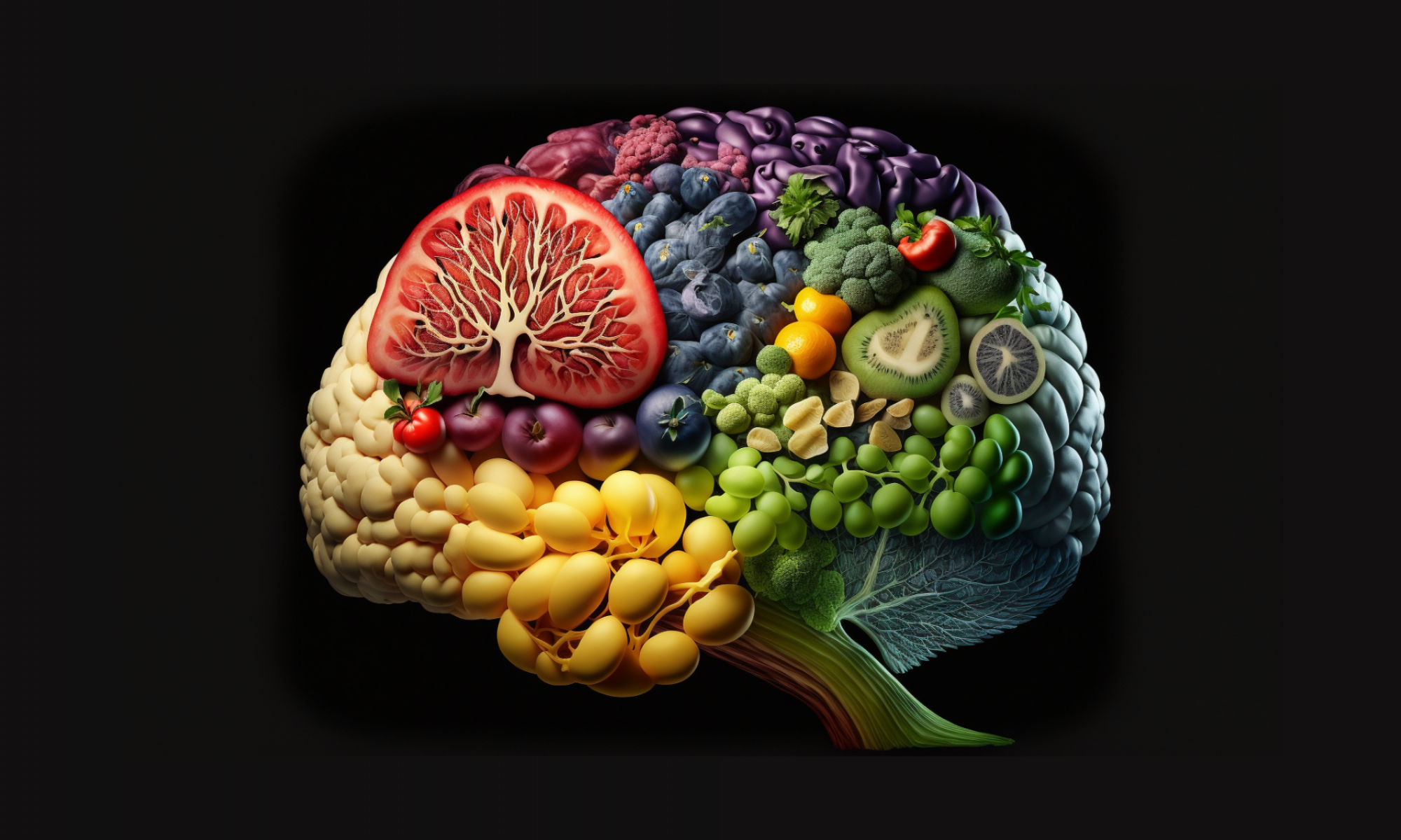 This is an AI generated image of a brain constituting various greens, veggies and fruits that are essential for humans. 